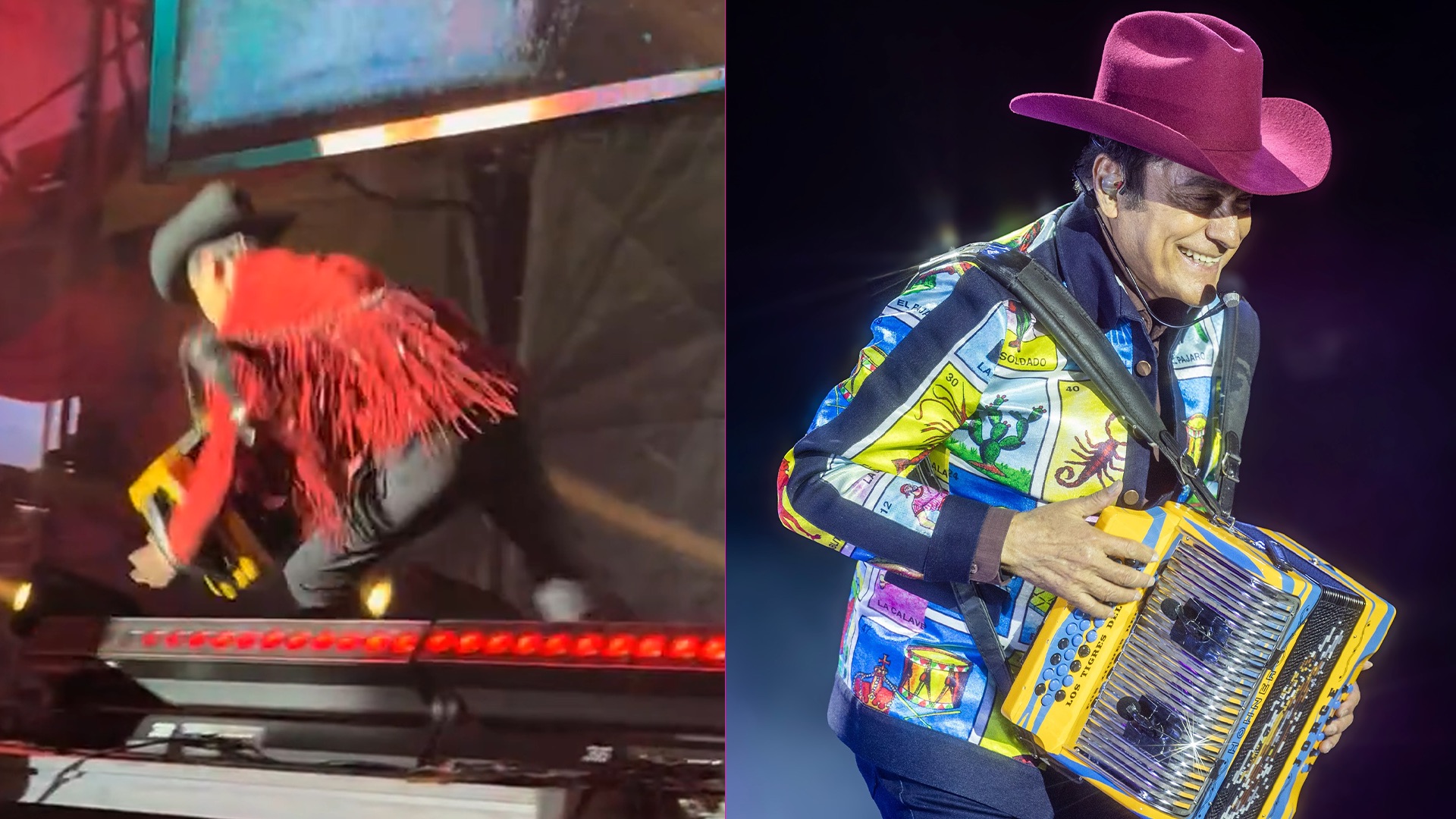 Jorge Hernández, de Los Tigres del Norte, se cae en pleno show, pero sigue tocando el acordeón